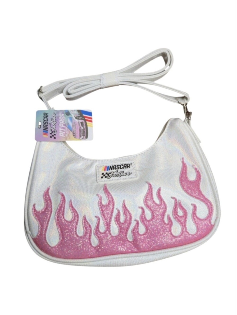 Justice x NASCAR Girls' Faux Leather Flame Crossbody Handbag in White/ Pink NWT!